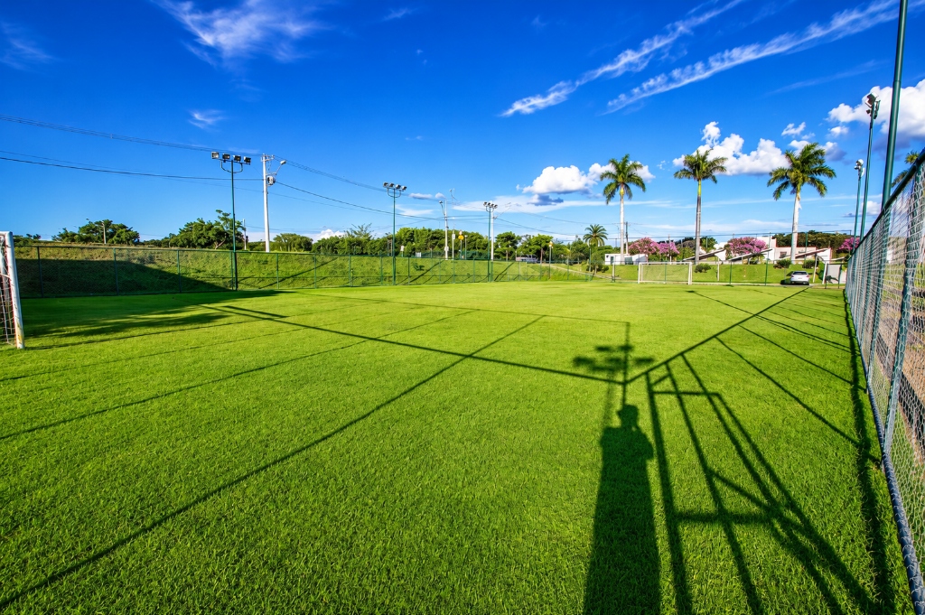 Campo de futebol society com grama sintética e palmeiras